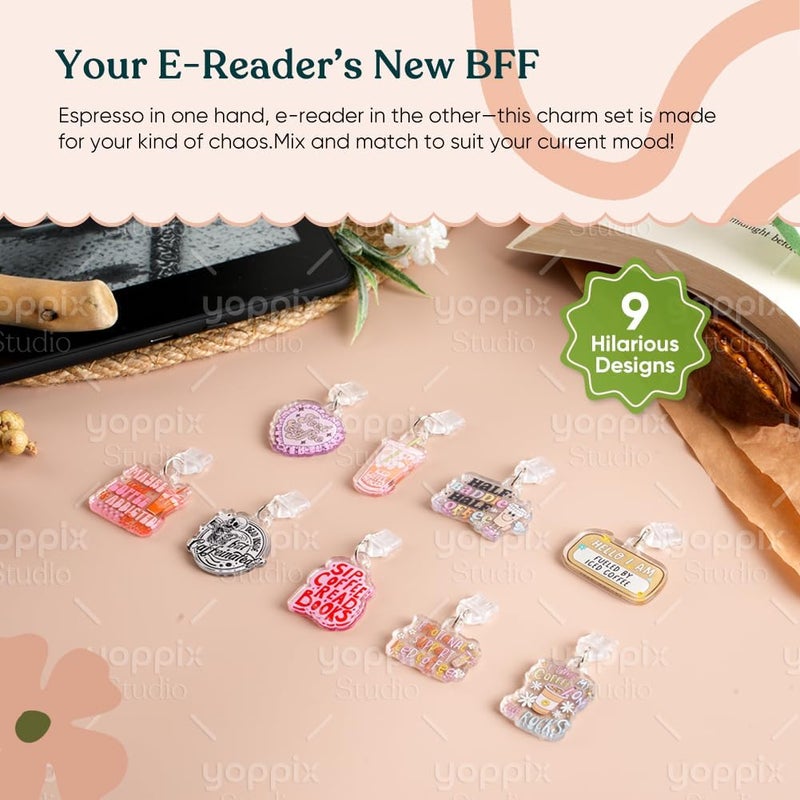 YOPPIX STUDIO YOPPIX 9PCS Charms for E-Reader, About Funny Theme Dust Plug Charm Compatible with Type C Charging Port, Gift for Book Lover Readers Men Women Teachers Students, Accessories for E-Reader - Image 2